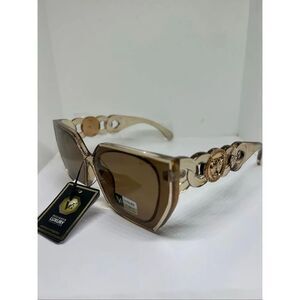 VG Oversized Square Sunglasses Designer Style Brown Gradient Luxe Chain Detail